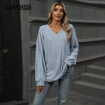 Осенняя женская футболка больших размеров с длинным рукавом и V-образным вырезом, однотонная, свободная S чёрный