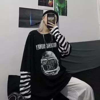 Осенняя женская футболка из двух предметов с принтом, свободный повседневный топ с круглым вырезом и длинными рукавами в стиле Харадзюку L чёрный