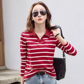 Осенняя женская футболка с длинным рукавом и полосатым лацканом S (under 50 kg) красный