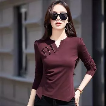 Осенняя женская футболка с длинным рукавом и V-образным вырезом на пуговицах S чёрный