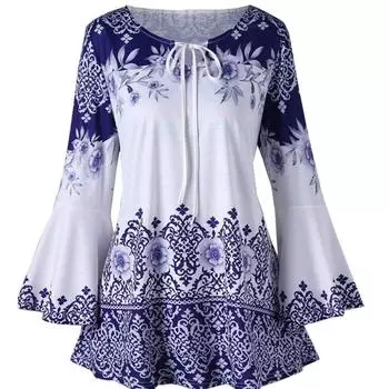 Осенняя женская футболка с длинным рукавом и круглым вырезом с цветочным принтом больших размеров S синий