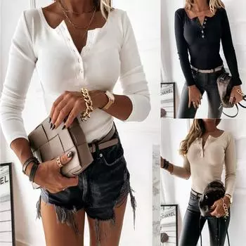 Осенняя женская футболка с длинным рукавом, однотонная футболка с сексуальным V-образным вырезом и пуговицами, трикотажные джемперы, футболка S чёрный