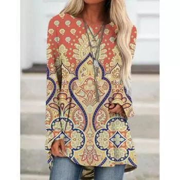 Осенняя женская футболка с длинным рукавом, пуловер с круглым вырезом, свободный топ, богемная футболка с принтом в стиле ретро, повседневная уличная одежда, повседневная рубашка S