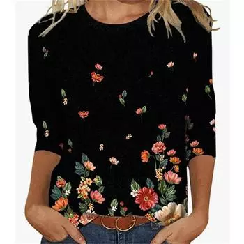 Осенняя женская футболка с длинным рукавом с цветочным принтом и круглым вырезом, женский топ больших размеров M