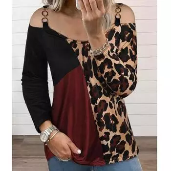 Осенняя женская футболка с открытыми плечами и длинными рукавами в стиле пэчворк с леопардовым принтом S синий