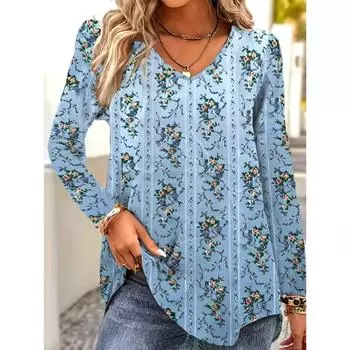 Осенняя женская футболка с V-образным вырезом и длинными рукавами из Европы и США S