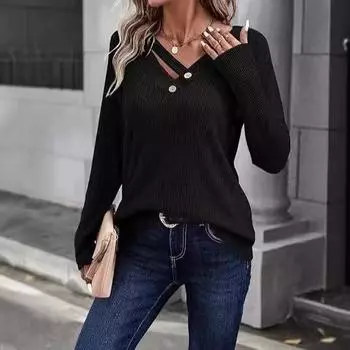 Осенняя женская футболка с V-образным вырезом, украшенная пуговицами, повседневная однотонная свободная футболка с длинными рукавами S чёрный