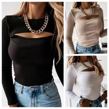 Осенняя женская футболка с вырезом, однотонная, черная, белая, с длинным рукавом, трикотажные футболки, повседневная, облегающая, с круглым вырезом, модная футболка S коричневый