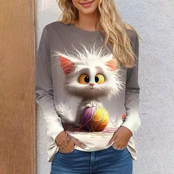 Осенняя женская футболка с забавным принтом котенка, женская одежда, топы с котом, уличная повседневная футболка с круглым вырезом и длинным рукавом S