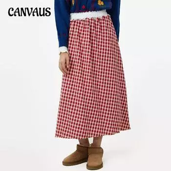 Осенняя женская клетчатая кружевная юбка свободного покроя с кружевным принтом и шнуровкой M красный