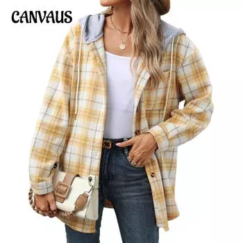 Осенняя женская клетчатая куртка с капюшоном и длинным рукавом из свободного кроя из твида S жёлтый