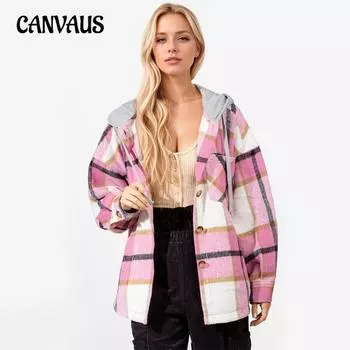 Осенняя женская клетчатая набивная куртка с капюшоном и длинными рукавами в стиле пэчворк из твида свободного кроя M фиолетовый