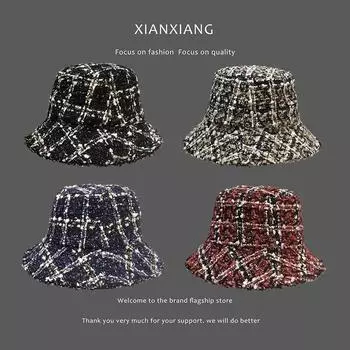 Осенняя женская клетчатая панама Bob Street, мини-шляпа от солнца с блестками, женская и женская, черная, красная, зимняя теплая складная солнцезащитная кепка adjustable(55-58cm)