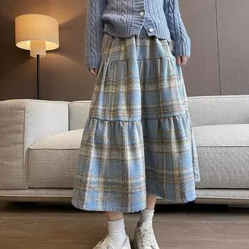 Осенняя женская клетчатая принтованная лоскутная свободная повседневная юбка на шнуровке S синий