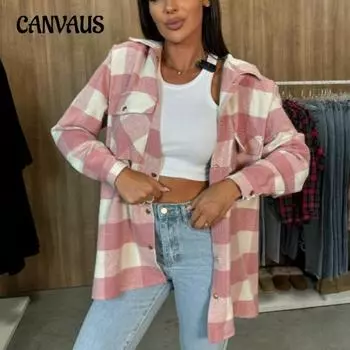 Осенняя женская клетчатая рубашка большого размера с длинным рукавом S розовый