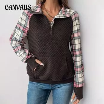 Осенняя женская клетчатая винтажная лоскутная ретро-фактурная кофта-пуловер с длинным рукавом S коричневый