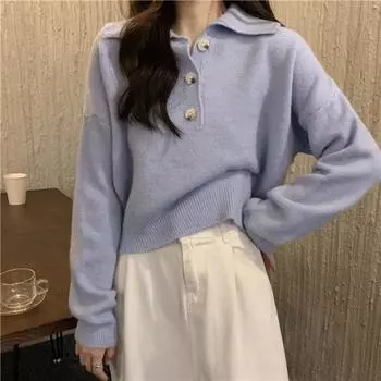 Осенняя женская корейская мода с большим воротником-лацканом, пуловеры, тонкие топы, шикарные весенние женские свитера с милыми пуговицами и верхней одеждой с длинным рукавом S белый