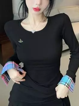 Осенняя женская корейская мода вышитая клетчатая лоскутная футболка с длинным рукавом топы с круглым вырезом винтажные 2000-е эстетика прилив простые S чёрный