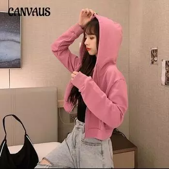 Осенняя женская короткая толстовка больших размеров с застежкой-молнией, однотонная куртка с капюшоном и длинными рукавами M розовый