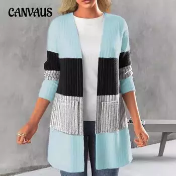 Осенняя женская куртка больших размеров Color Collision Pit Stripe Flap Pocket Section Casual Long 1XL светло-синий