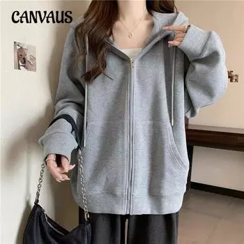 Осенняя женская куртка больших размеров, однотонная, с капюшоном, на молнии, с длинным рукавом, свободная куртка M серый