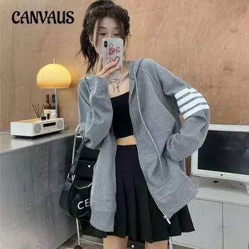 Осенняя женская куртка на молнии больших размеров с капюшоном и свободным топом M светло-серый