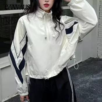 Осенняя женская куртка с длинным рукавом и двойными карманами и лацканами в контрастных цветах M чёрный