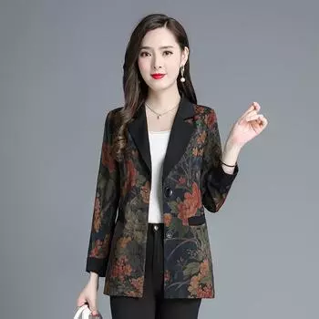 Осенняя женская куртка среднего и пожилого возраста с отложным воротником, темпераментный костюм, элитный модный пиджак с принтом, пальто XL
