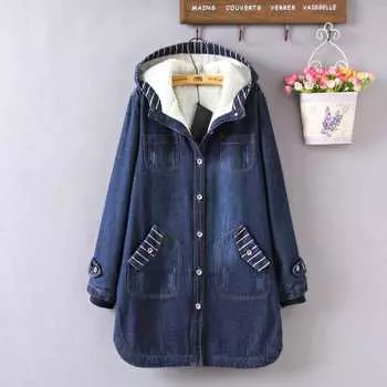 Осенняя женская куртка средней длины из бархата и утолщенного денима с капюшоном XXXL синий