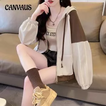 Осенняя женская куртка свободного покроя с капюшоном и молнией в стиле «слияние цветов» M чёрный