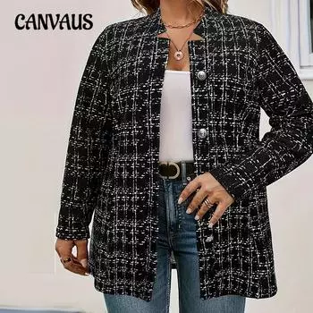 Осенняя женская куртка в клетку с длинными рукавами размера «Темперамент» больших размеров 1XL чёрный