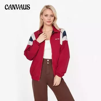 Осенняя женская куртка в стиле пэчворк с длинными рукавами и двойными карманами на лацканах M красный