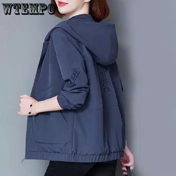 Осенняя женская куртка, ветровка с капюшоном, повседневные пальто с длинными рукавами, женская куртка, свободная верхняя одежда, куртки-бомберы M
