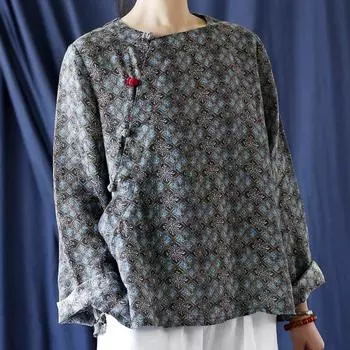 Осенняя женская льняная рубашка Johnature с длинным рукавом и круглым вырезом, винтажная рубашка с принтом, однобортная свободная рубашка One Size тёмно-синий