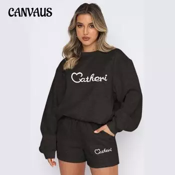 Осенняя женская мода больших размеров с буквенным английским принтом, толстовка, спортивные штаны, флисовые шорты, костюм S чёрный