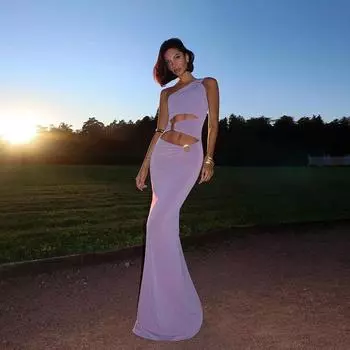 Осенняя женская мода диагональное плечо сращивание поддельные два узких сексуальных разреза платье S фиолетовый