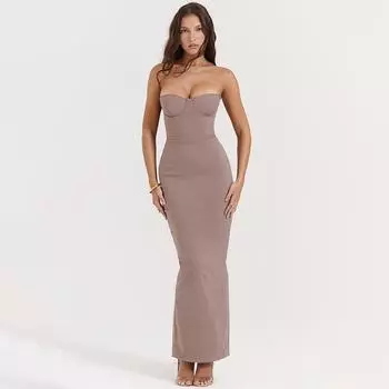 Осенняя женская мода длинная юбка в стиле знаменитостей сексуальное трикотажное без бретелек облегающее темпераментное платье S светло-коричневого