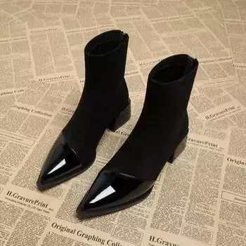 Осенняя женская мода квадратный каблук остроносые ботильоны 42 чёрный
