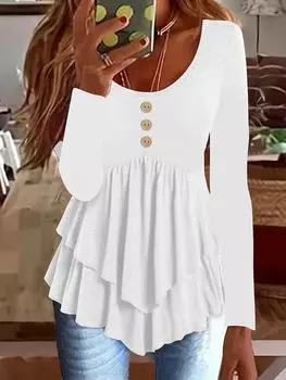 Осенняя женская мода на пуговицах сверху, повседневный однотонный цвет, U-образный воротник, принт, длинный рукав S вино красного