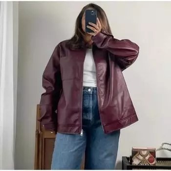 Осенняя женская мода, новая куртка из искусственной кожи, однотонные свободные короткие куртки, женские с застежкой-молнией, байкерское женское пальто S вино красного