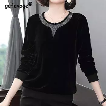 Осенняя женская мода, однотонная бархатная весенняя футболка с круглым вырезом, шикарная свободная футболка с длинными рукавами, женская новинка 2022 года, черный корейский топ для мам M чёрный
