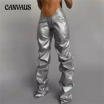 Осенняя женская мода плиссированные сексуальные уличные брюки из искусственной кожи с низкой талией, прямые повседневные брюки S чёрный