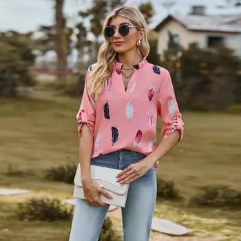 Осенняя женская мода Повседневная свободная рубашка с v-образным вырезом и принтом перьев с семью рукавами XXL белый