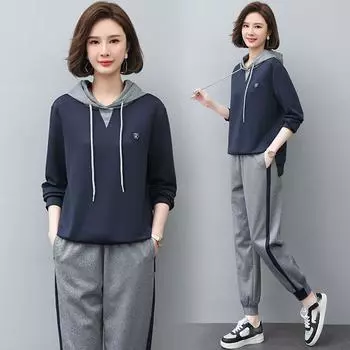 Осенняя женская мода повседневная толстовка с капюшоном спортивные брюки два комплекта XXXL темно-синий