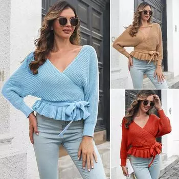 Осенняя женская мода рюшами бандаж спинки свободный вязаный свитер S