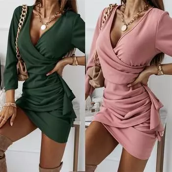 Осенняя женская мода с длинным рукавом на шнуровке облегающее платье Pavkage Hip размера Plus S розовый