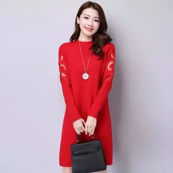 Осенняя женская мода с длинным рукавом, водолазка, трикотажное облегающее платье-свитер L красный