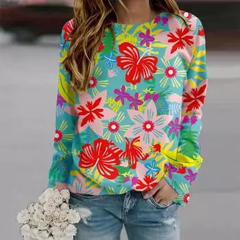 Осенняя женская мода с круглым вырезом и длинным рукавом, свободная одежда, синяя футболка с принтом в виде бабочки и цветка для девочек, уличная одежда XS фиолетовый