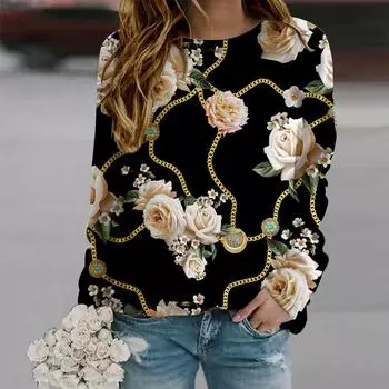 Осенняя женская мода с круглым вырезом и длинным рукавом, свободная одежда, футболка с принтом роз и цепочек для девочек, уличная одежда XS белый