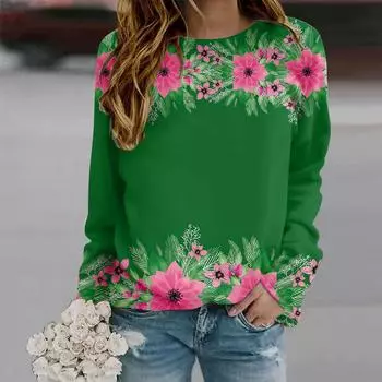 Осенняя женская мода с круглым вырезом и длинным рукавом, свободная одежда, зеленая футболка с цветущим цветочным принтом для девочек, уличная XS синий